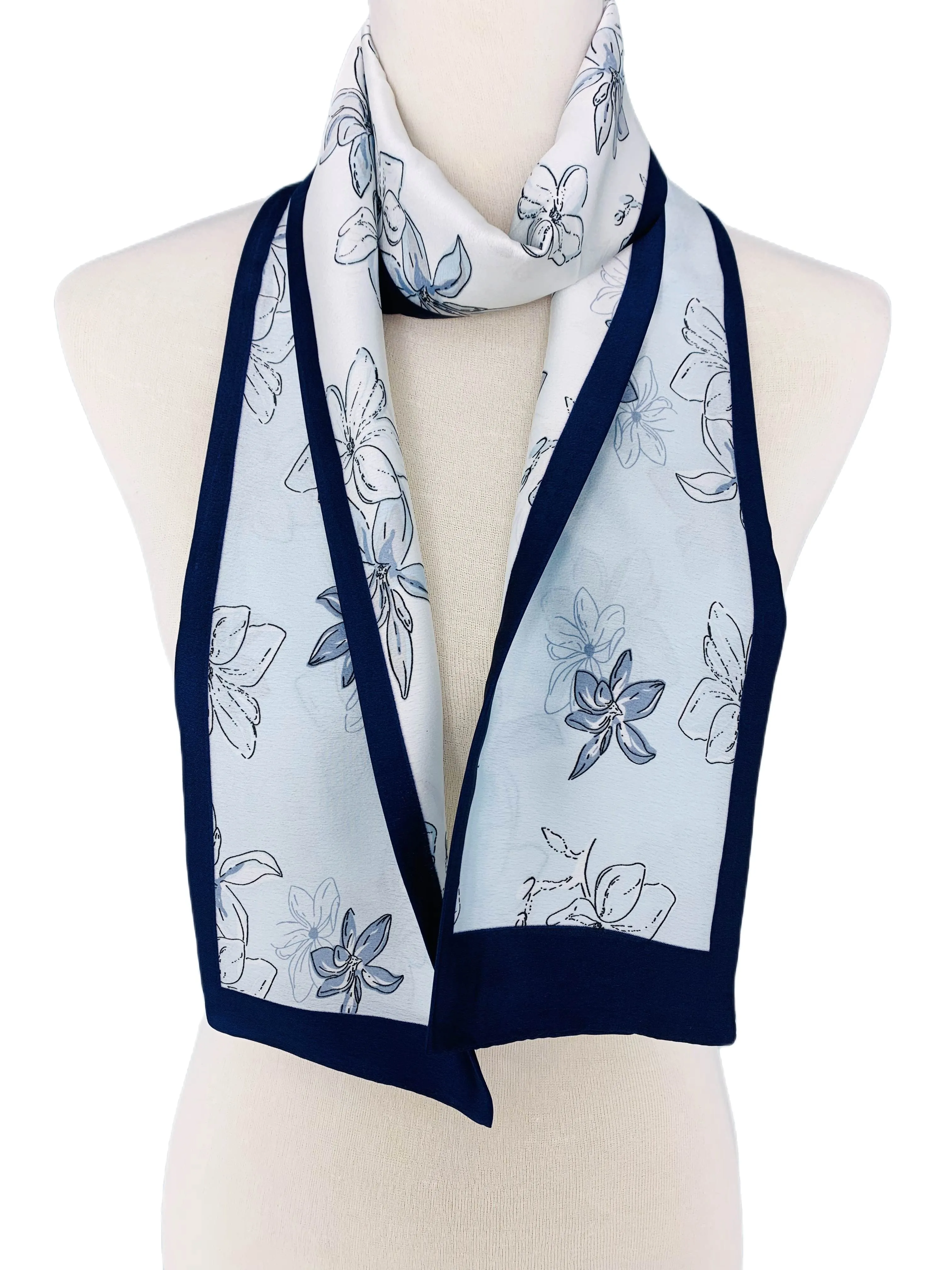 Luxurious Silk-Feel Narrow Scarf--Baby Blue Floral