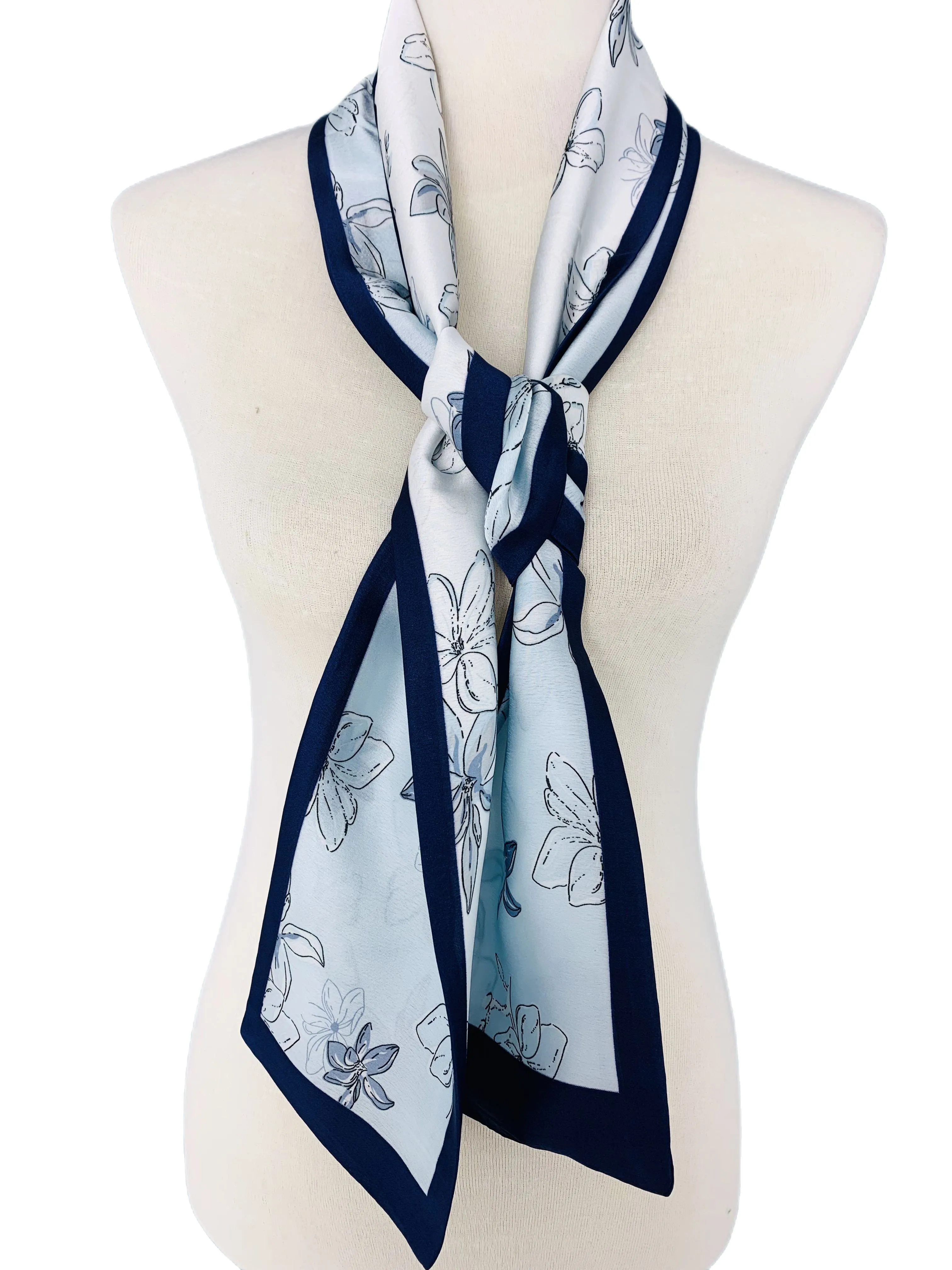 Luxurious Silk-Feel Narrow Scarf--Baby Blue Floral