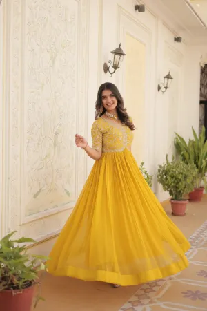 Luxurious Zari-Embroidered Yellow Gown for Discerning Women