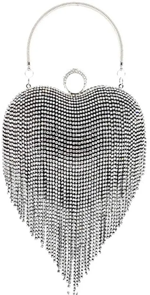 Luxury Silver 3 Heart Shape Tassel Rhinestones Party Clutch Bag/Purse/Handbag