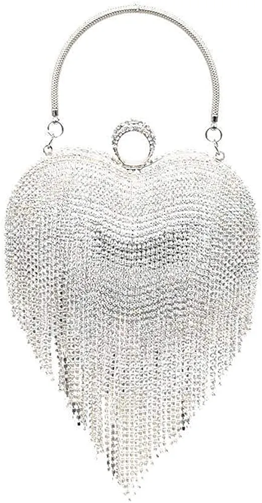 Luxury Silver 3 Heart Shape Tassel Rhinestones Party Clutch Bag/Purse/Handbag