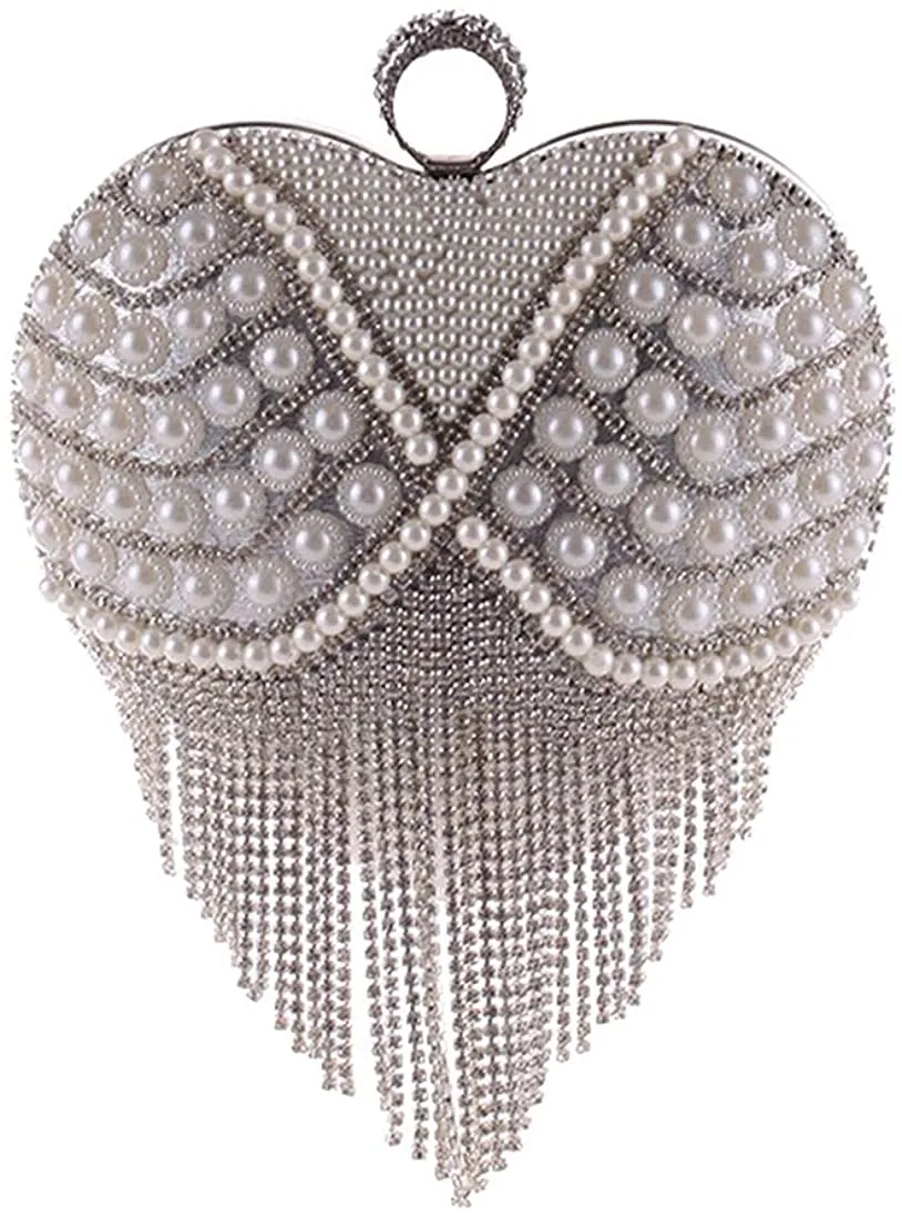 Luxury Silver 3 Heart Shape Tassel Rhinestones Party Clutch Bag/Purse/Handbag