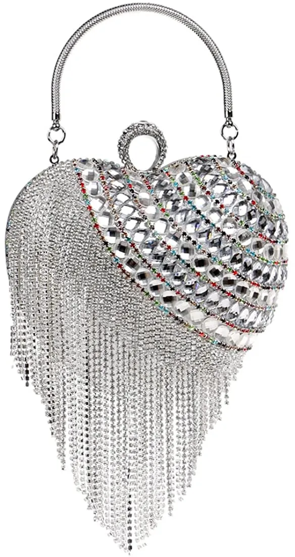 Luxury Silver 3 Heart Shape Tassel Rhinestones Party Clutch Bag/Purse/Handbag