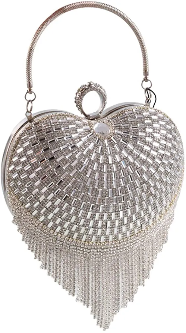 Luxury Silver 3 Heart Shape Tassel Rhinestones Party Clutch Bag/Purse/Handbag