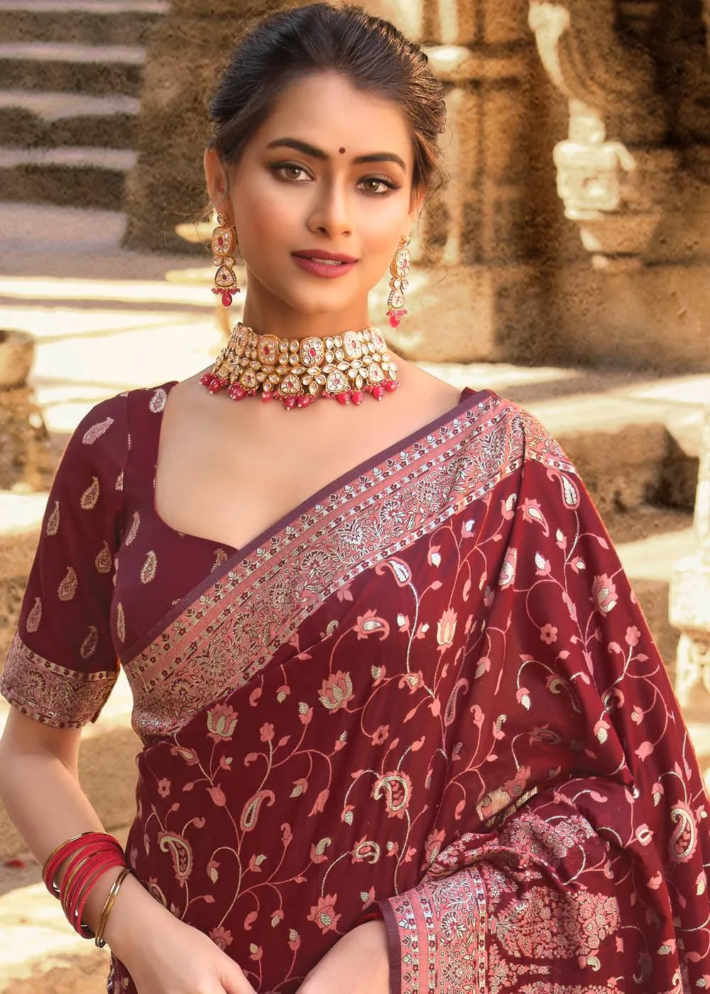 Maroon Red Banarasi Silk Saree with Pashmina Weaving