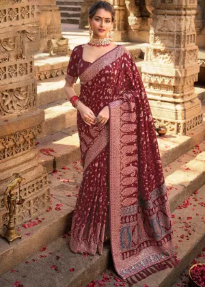 Maroon Red Banarasi Silk Saree with Pashmina Weaving