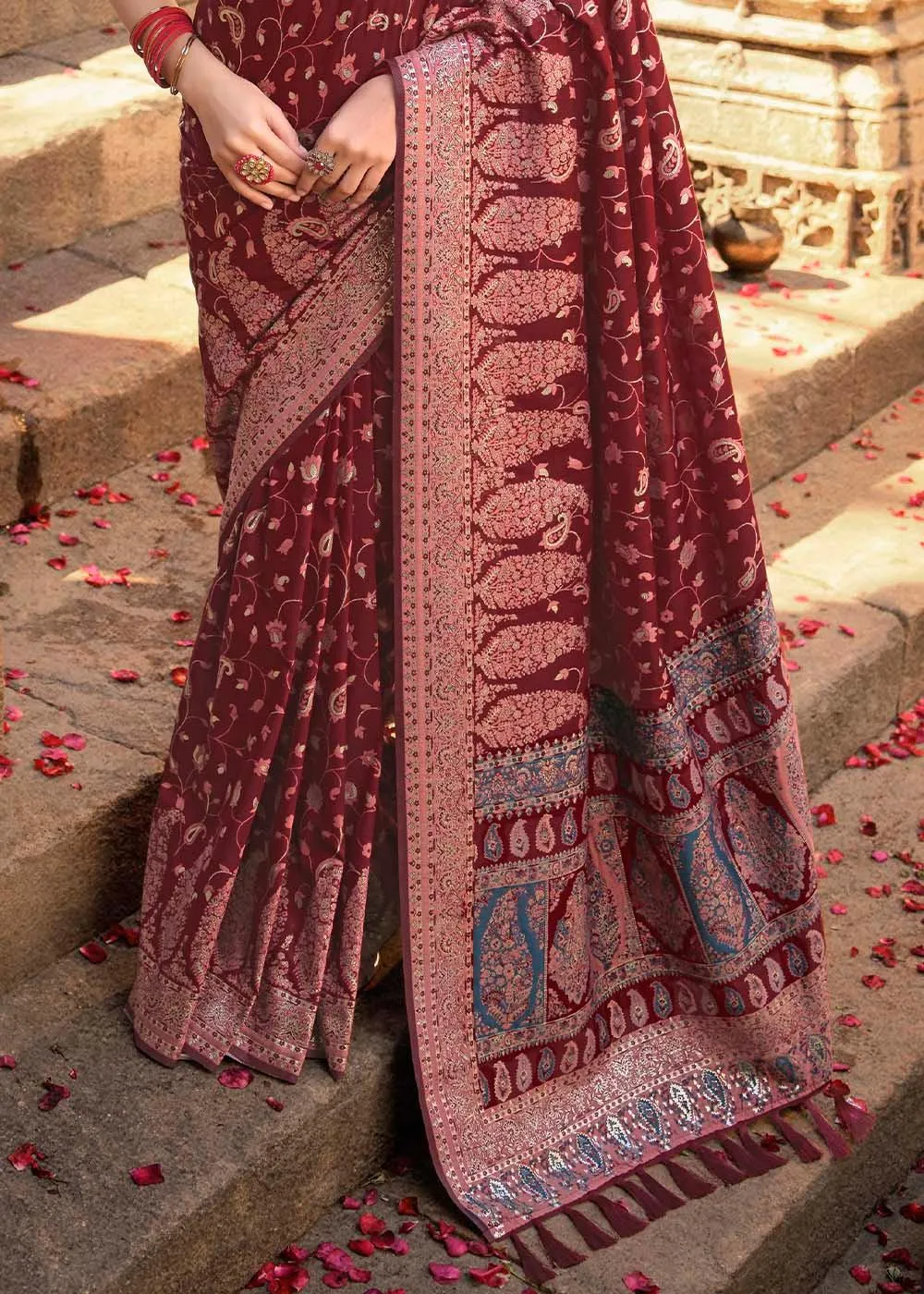 Maroon Red Banarasi Silk Saree with Pashmina Weaving