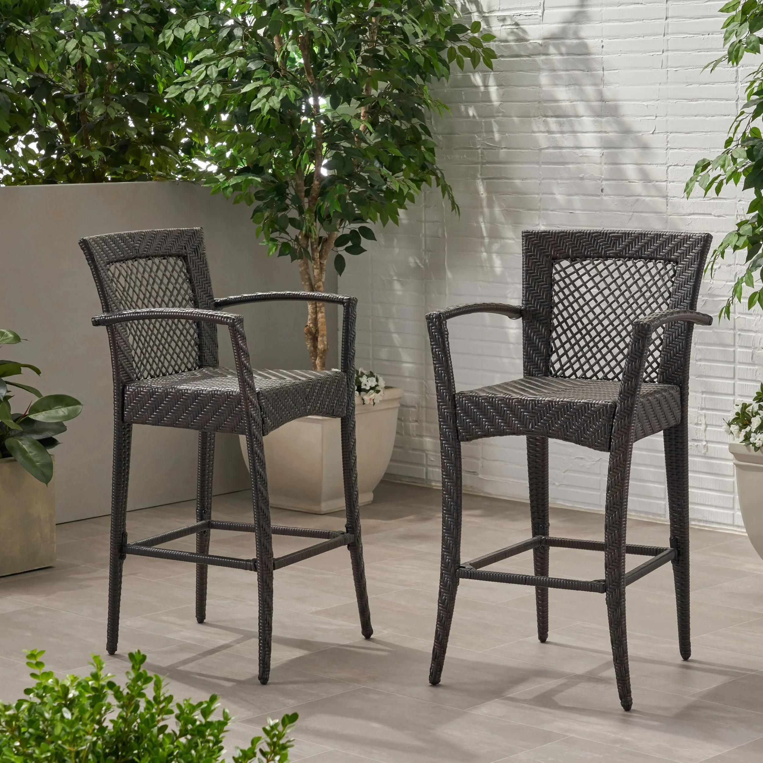 Megan Outdoor 46" Wicker Barstool (Set of 2), Multi Brown Finish