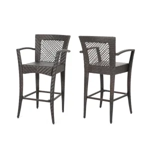 Megan Outdoor 46" Wicker Barstool (Set of 2), Multi Brown Finish