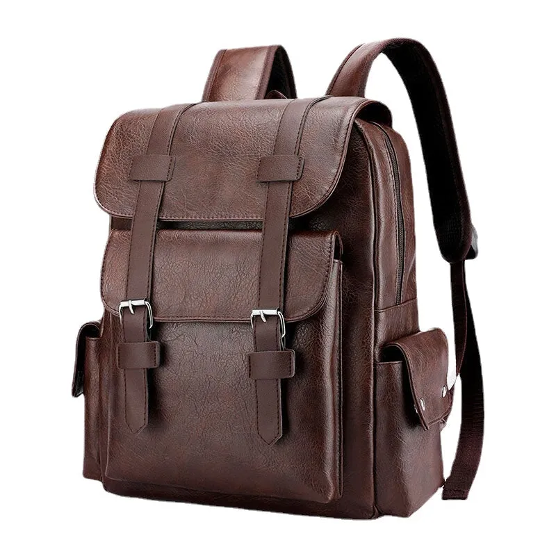 Men PU Soft Leather Multi-pocket Decompression Design Backpack Retro 14 Inch Laptop Bag Student School Bag