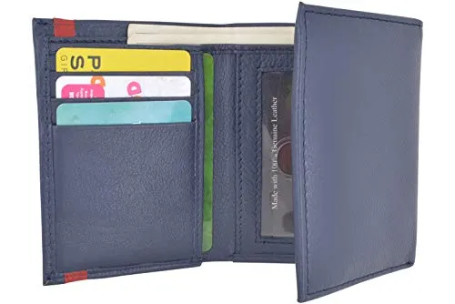 Men's Soft Premium Leather RFID Trifold Wallet Sleek & Slim ID Window Credit Card Holder Navy Blue