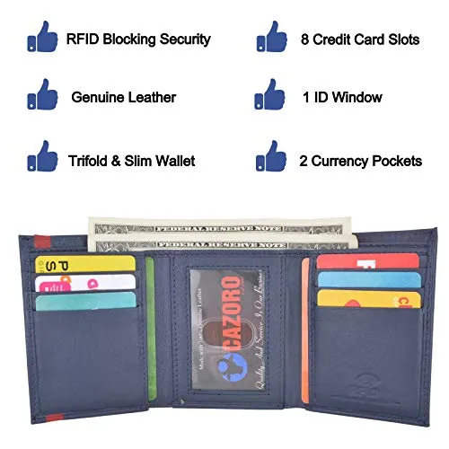 Men's Soft Premium Leather RFID Trifold Wallet Sleek & Slim ID Window Credit Card Holder Navy Blue