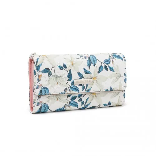 Miss Lulu Ladies' Flower Printed PU Leather Long Purse - Elegant Beige Women's Wallet