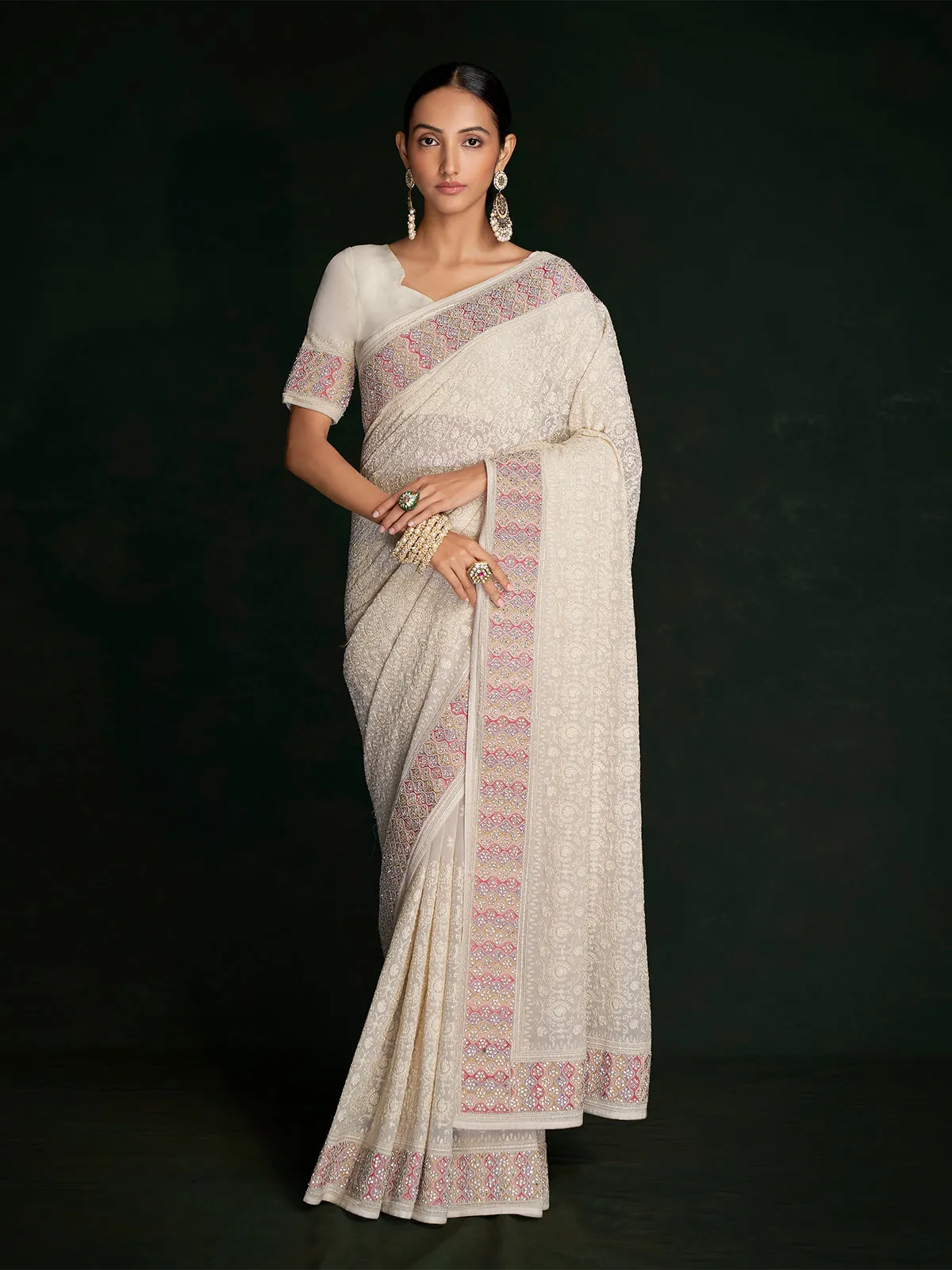 Modern White Georgette Embroidered Saree With Unstitched Blouse