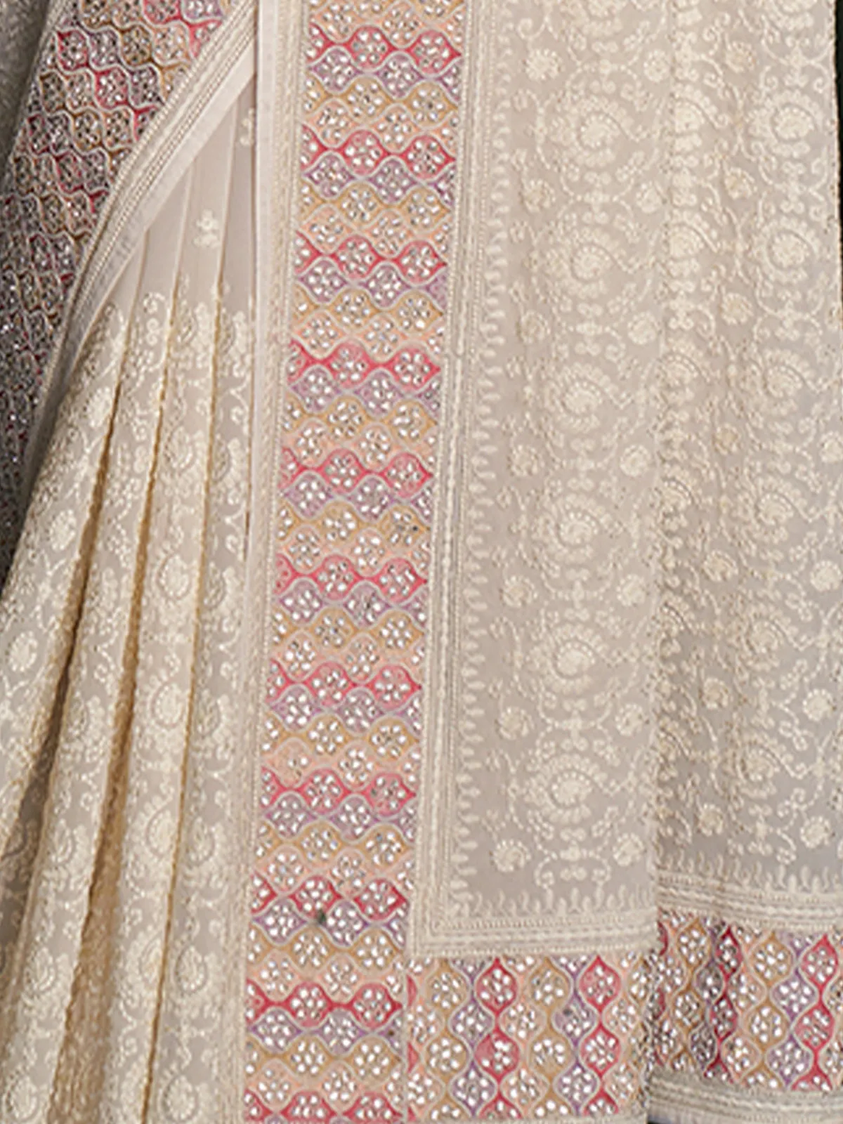 Modern White Georgette Embroidered Saree With Unstitched Blouse