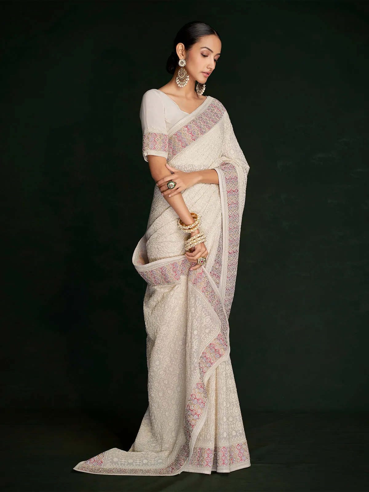 Modern White Georgette Embroidered Saree With Unstitched Blouse