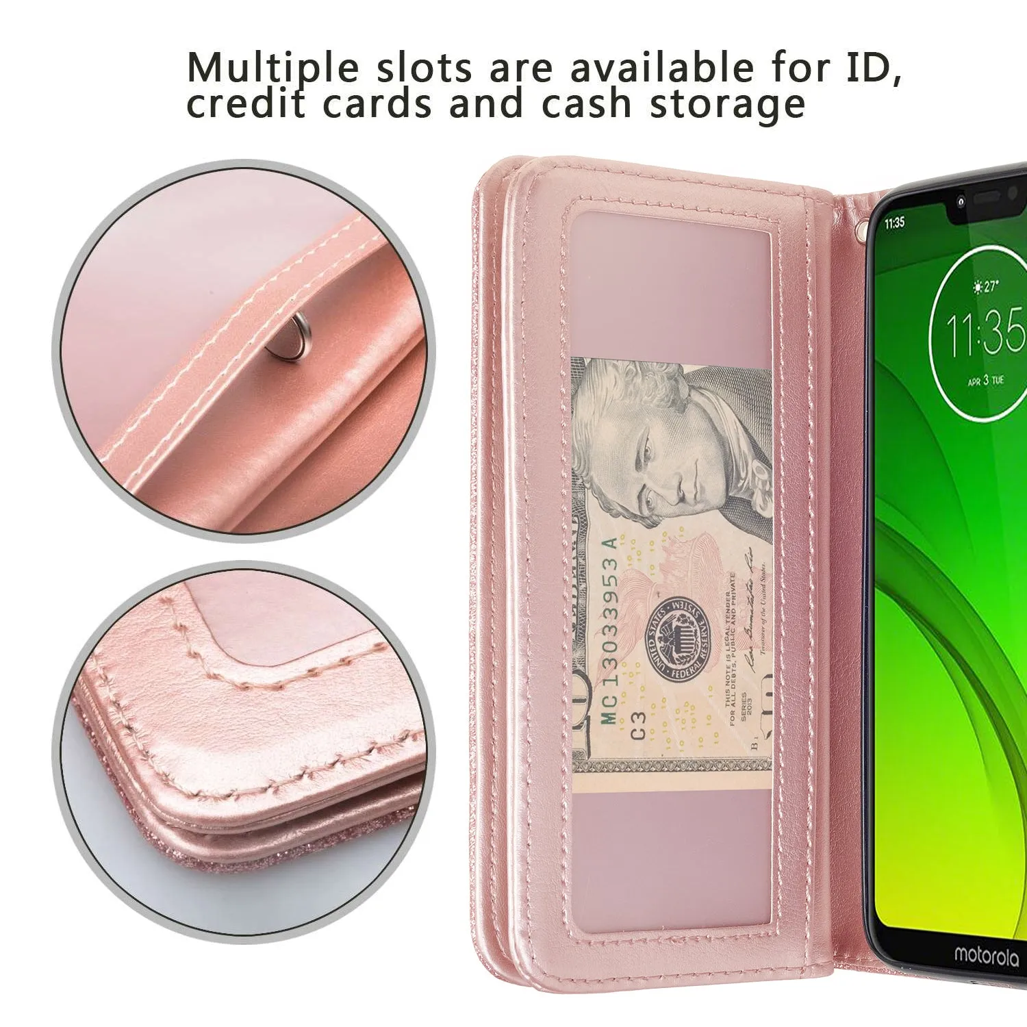 Motorola Moto G7 Power/G7 Supra/G7 Optimo Maxx Glitter Faux Leather Flip Credit Card Holder Wrist Strap Shockproof Protective Wallet Case Clutch - Rose Gold