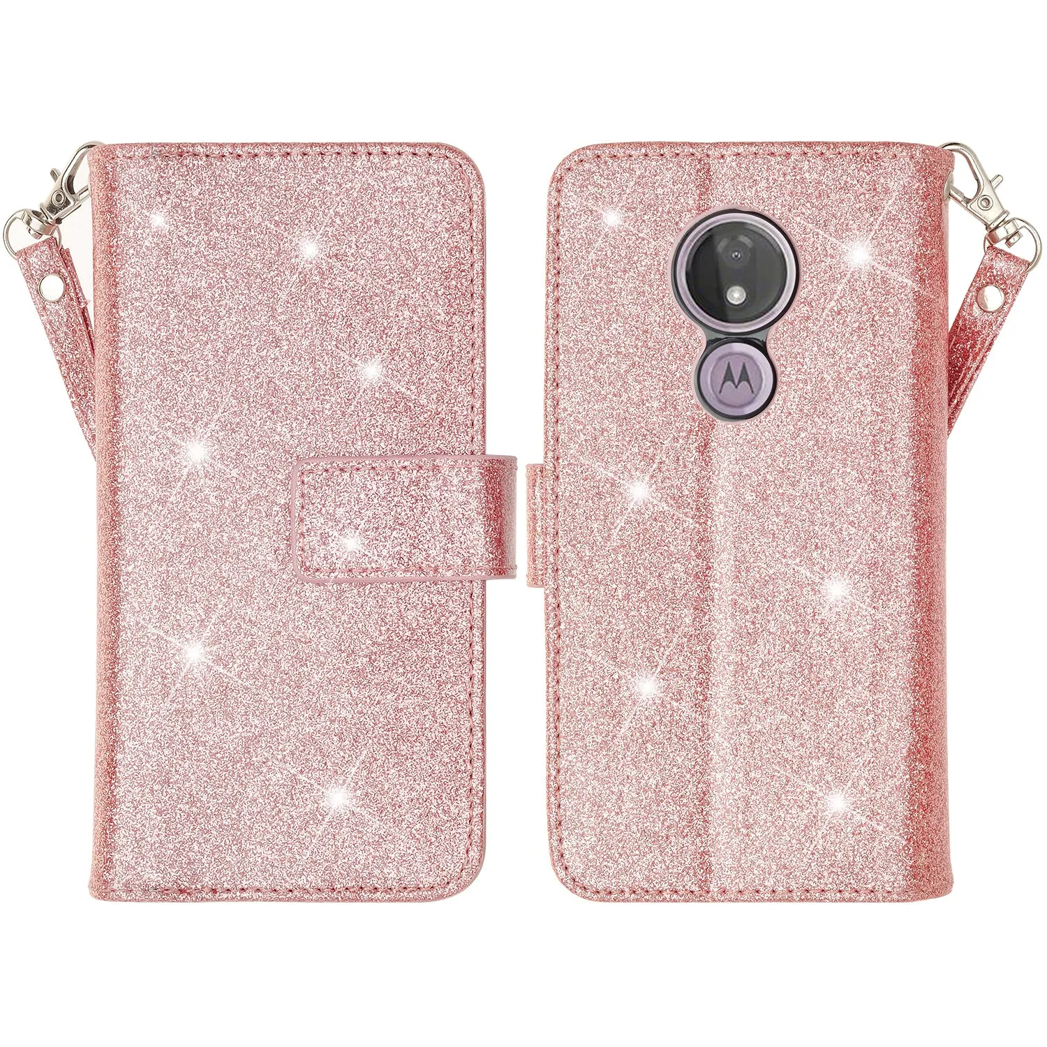 Motorola Moto G7 Power/G7 Supra/G7 Optimo Maxx Glitter Faux Leather Flip Credit Card Holder Wrist Strap Shockproof Protective Wallet Case Clutch - Rose Gold