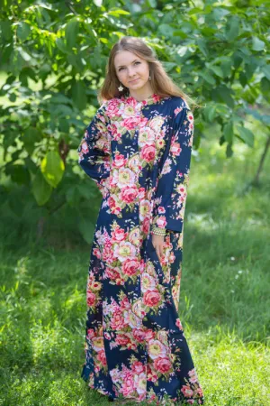 Navy Blue Charming Collars Style Caftan in Rosy Red Posy Pattern