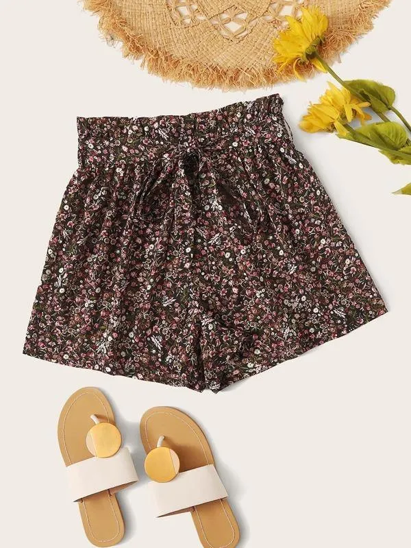 Paperbag Waist Self Belted Ditsy Floral Shorts