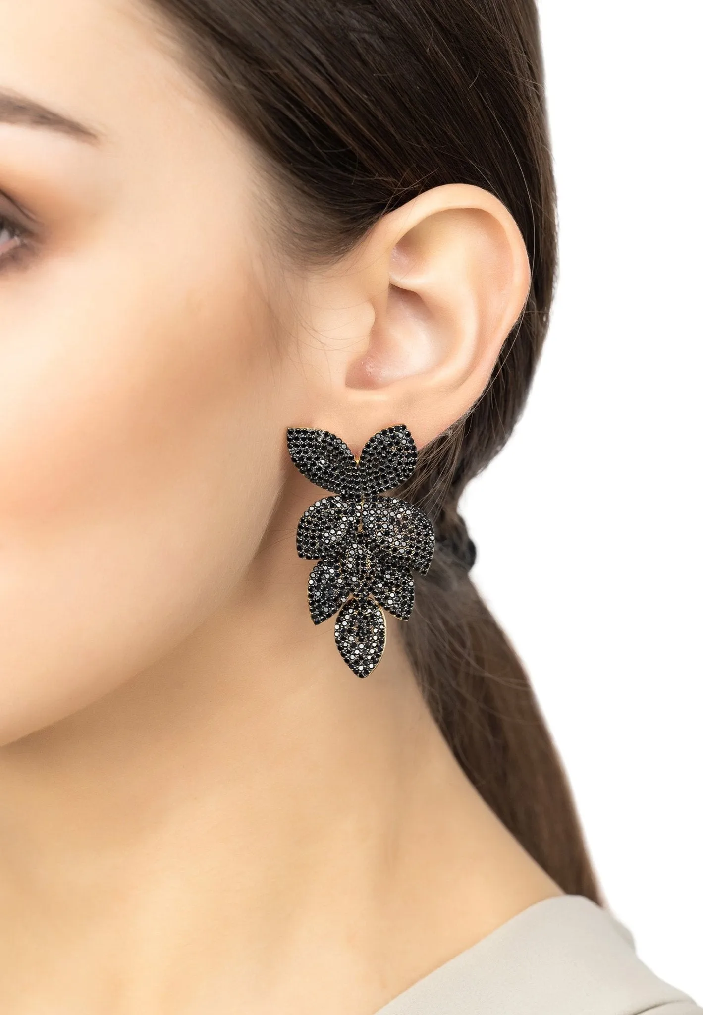 Petal Cascading Flower Earrings Gold Black Cz