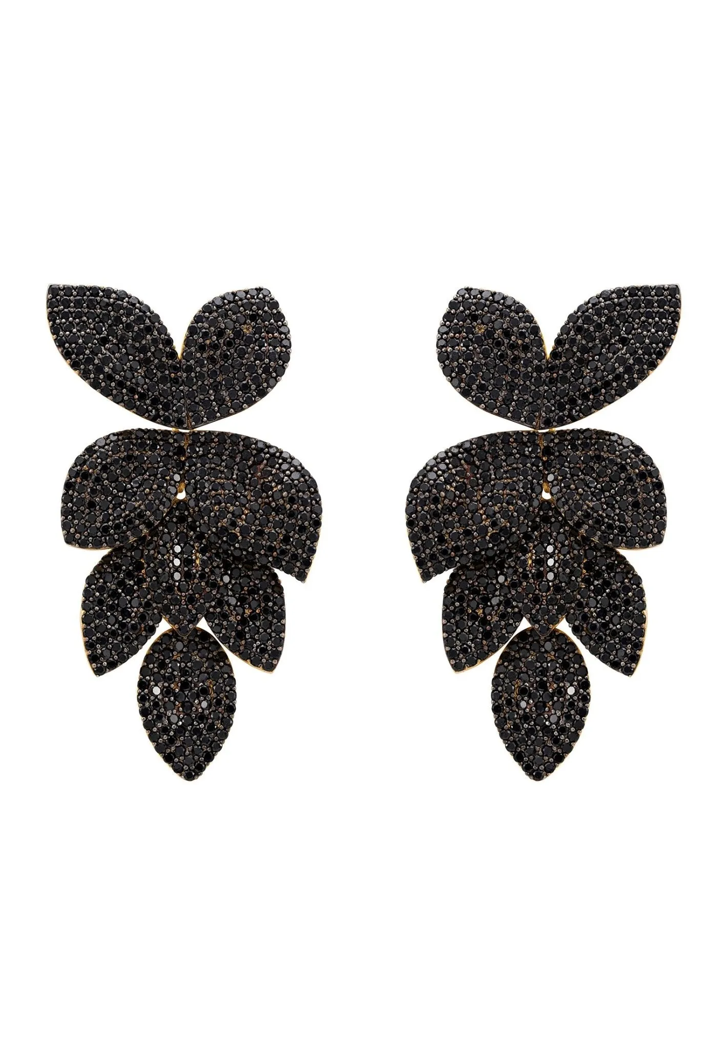 Petal Cascading Flower Earrings Gold Black Cz