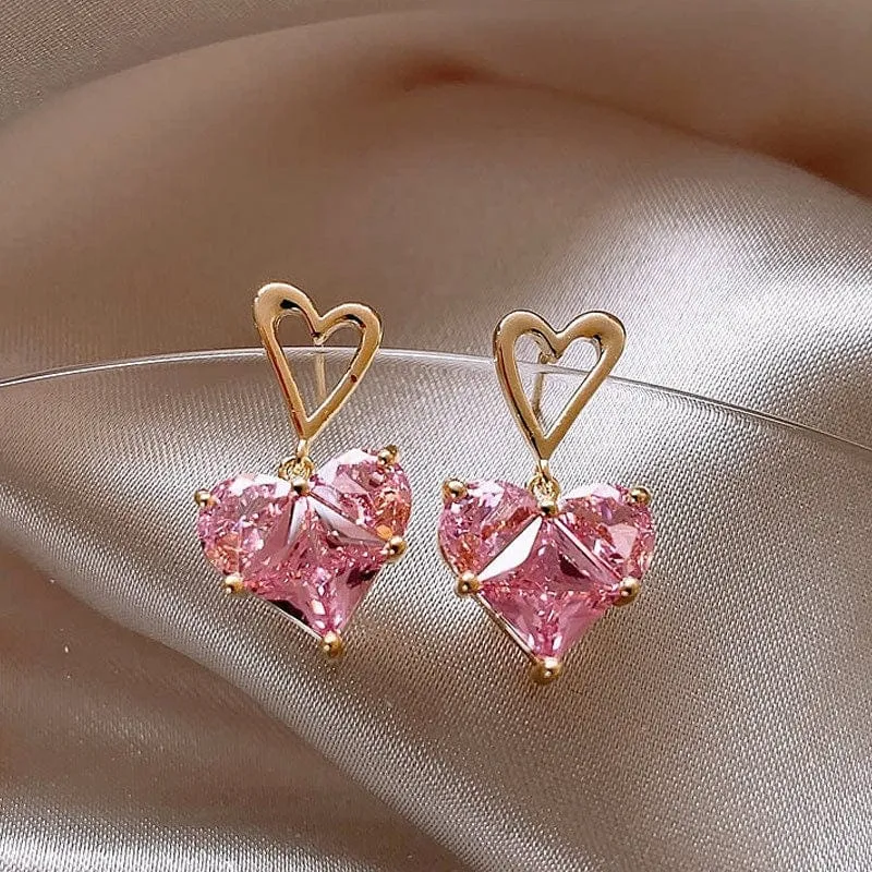 Pink Charming Heart Pendant Necklace Earrings Set