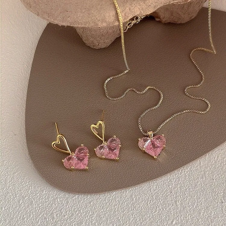 Pink Charming Heart Pendant Necklace Earrings Set