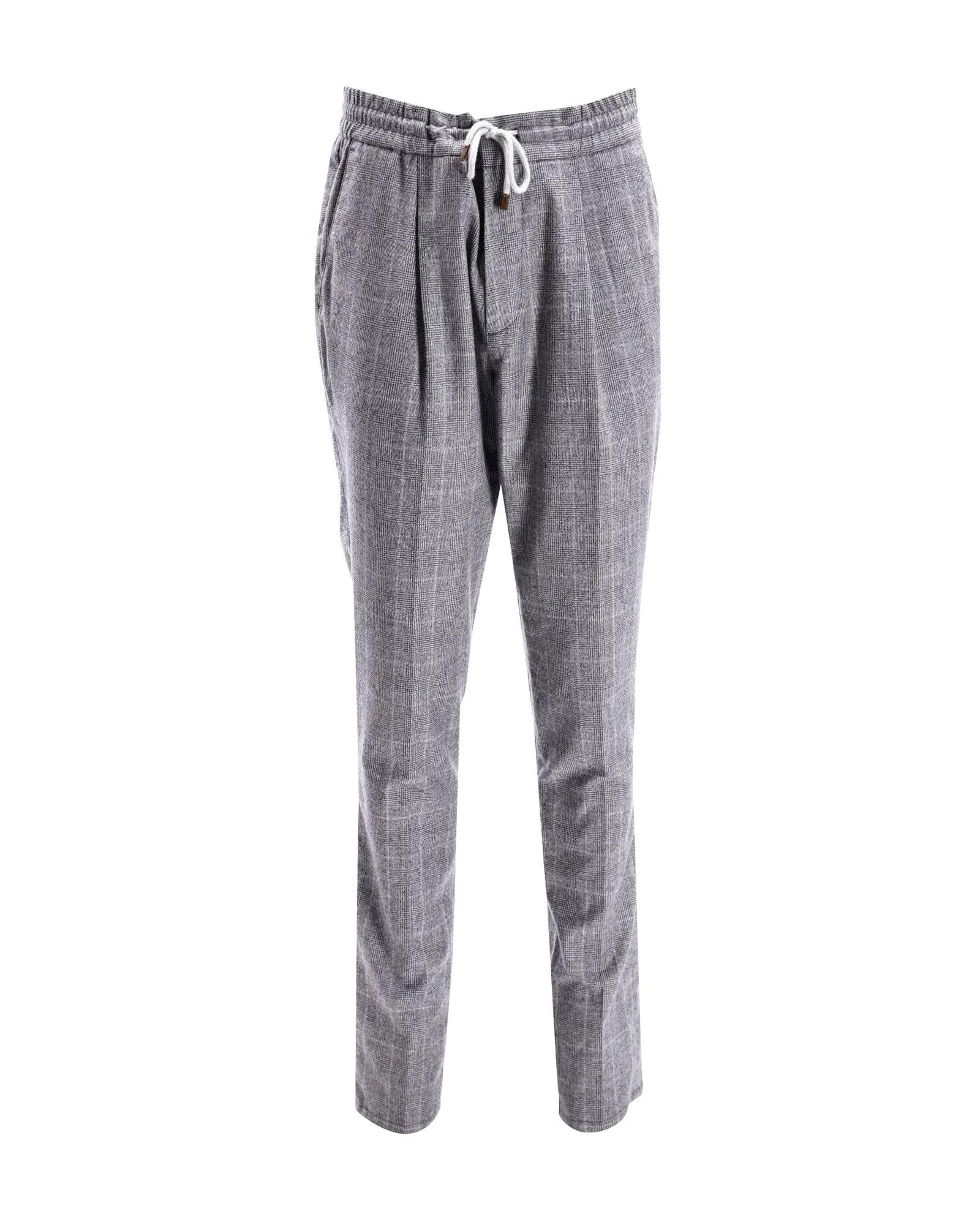 Plaid Drawstring Trousers in Luxurious Grey Viscose Fabric