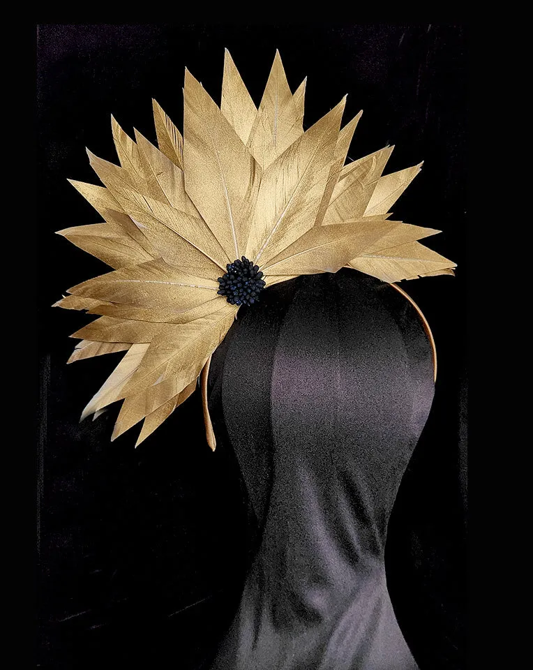 Race day crown and fascinators- metallic feather statement headband - Gold Aura at Kezani