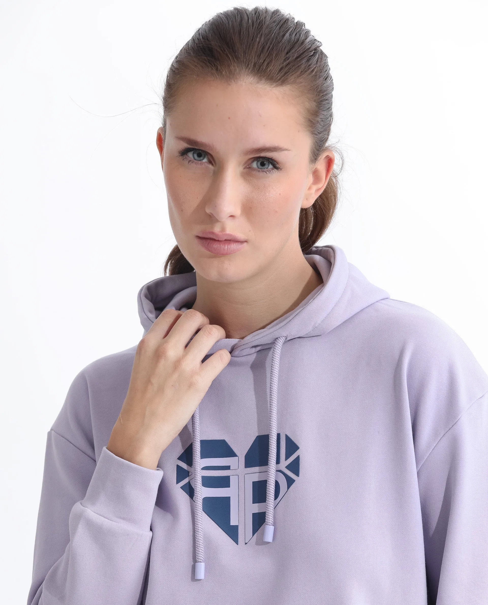 Rareism Articale Women Blacher Pastel Purple Poly Cotton Fabric Full Sleeves Hooded Regular Fit Graphic Print Sweatshirt