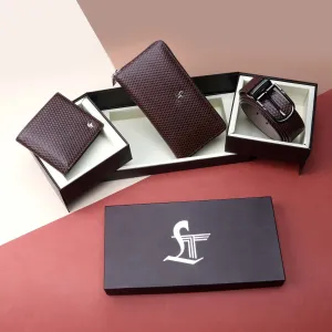 Ready to Ship Luxury Corporate Gift - Couple Wallet Gift Set | Set of III Gift Set (Men's Wallet, Belt & Ladies Wallet) | Color: Brown