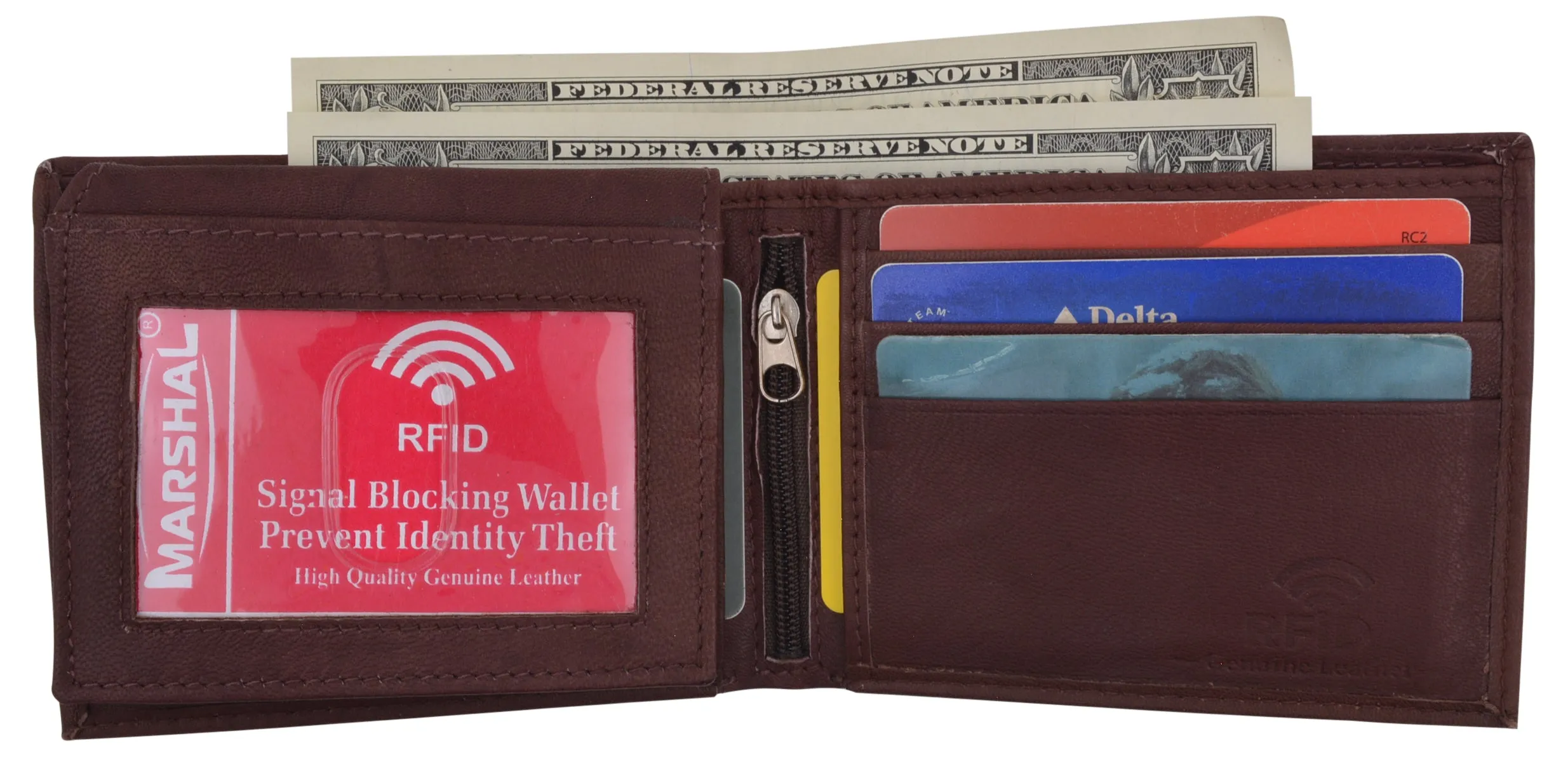 RFID Blocking Men's Leather ID Window Flap-Up Bifold Wallet