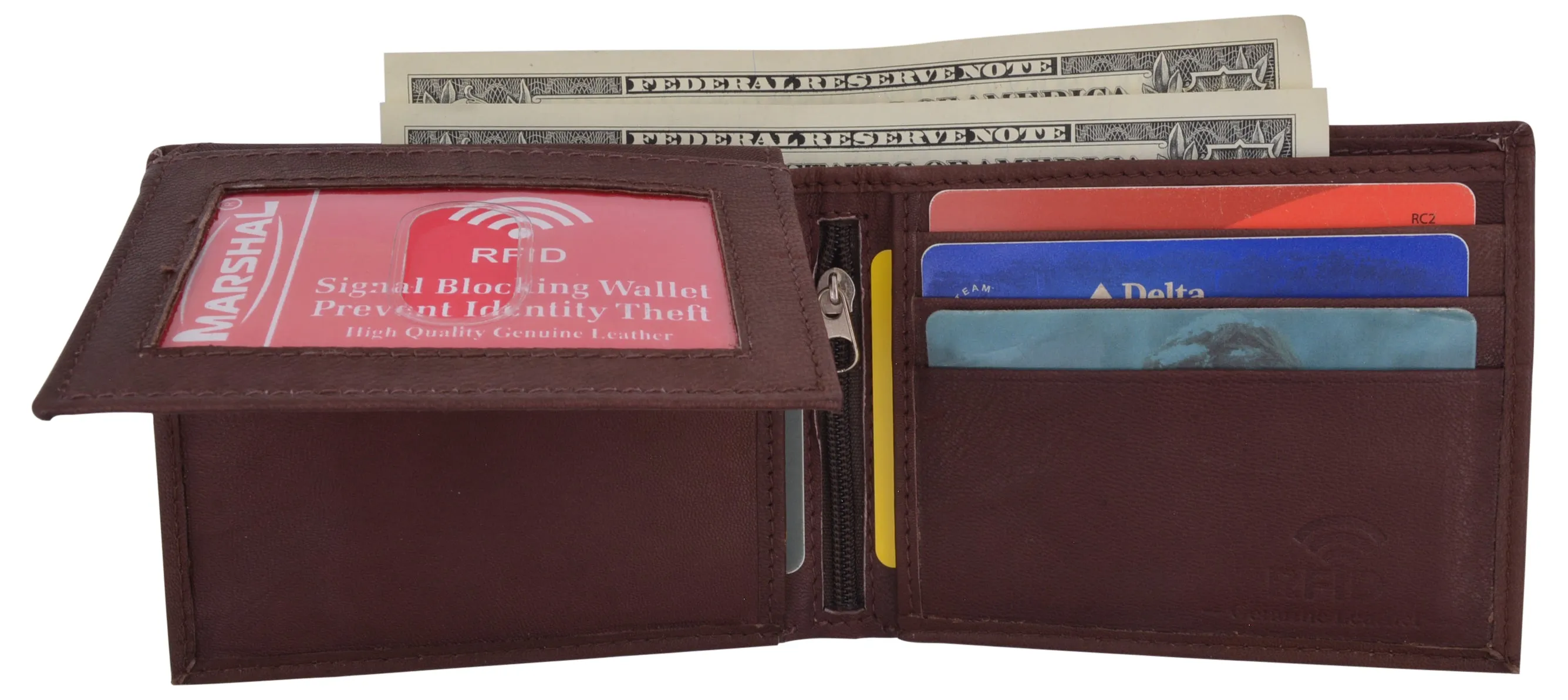 RFID Blocking Men's Leather ID Window Flap-Up Bifold Wallet