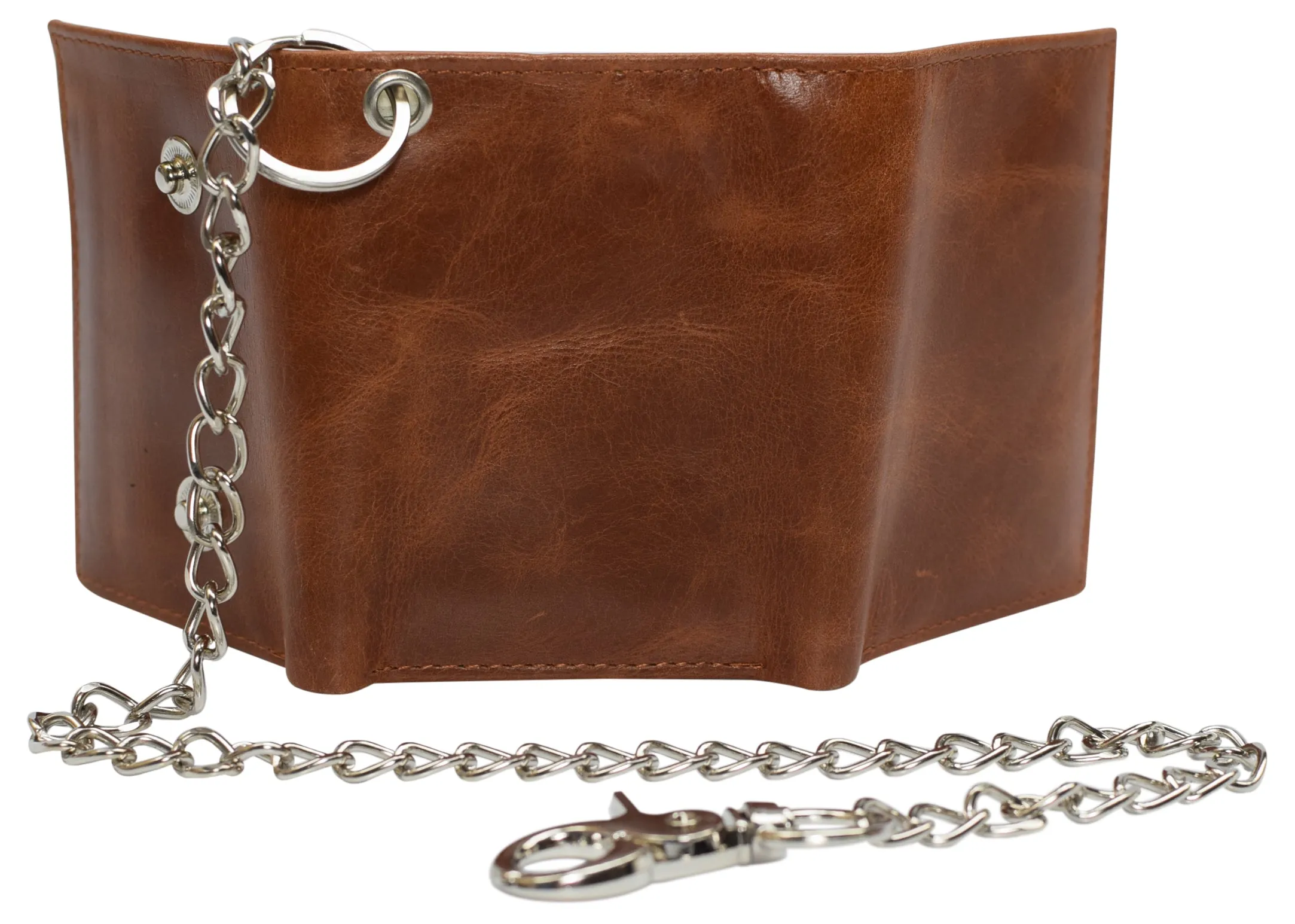 RFID946-51 RFID Blocking Men's Tri-fold Leather Biker Silver Chain Wallet With Snap Closure