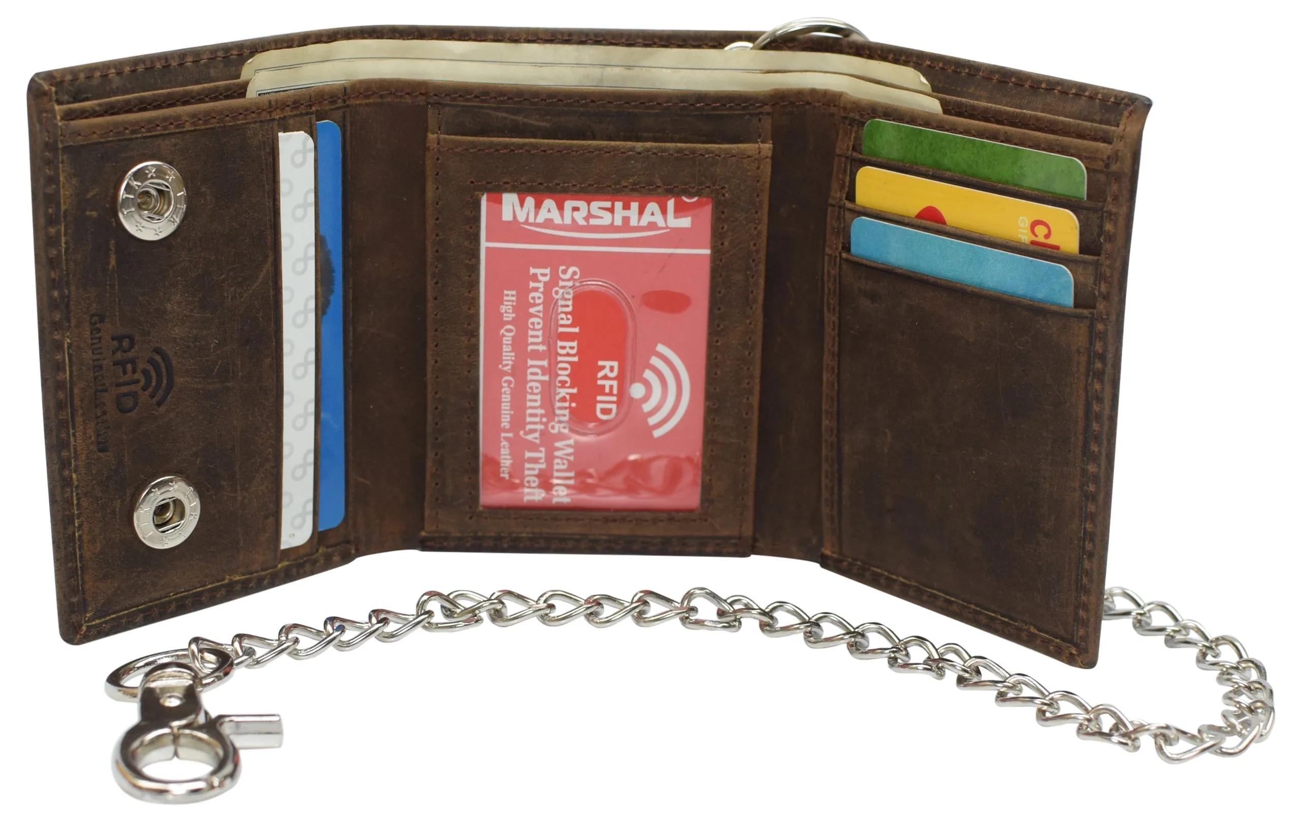 RFID946-51 RFID Blocking Men's Tri-fold Leather Biker Silver Chain Wallet With Snap Closure