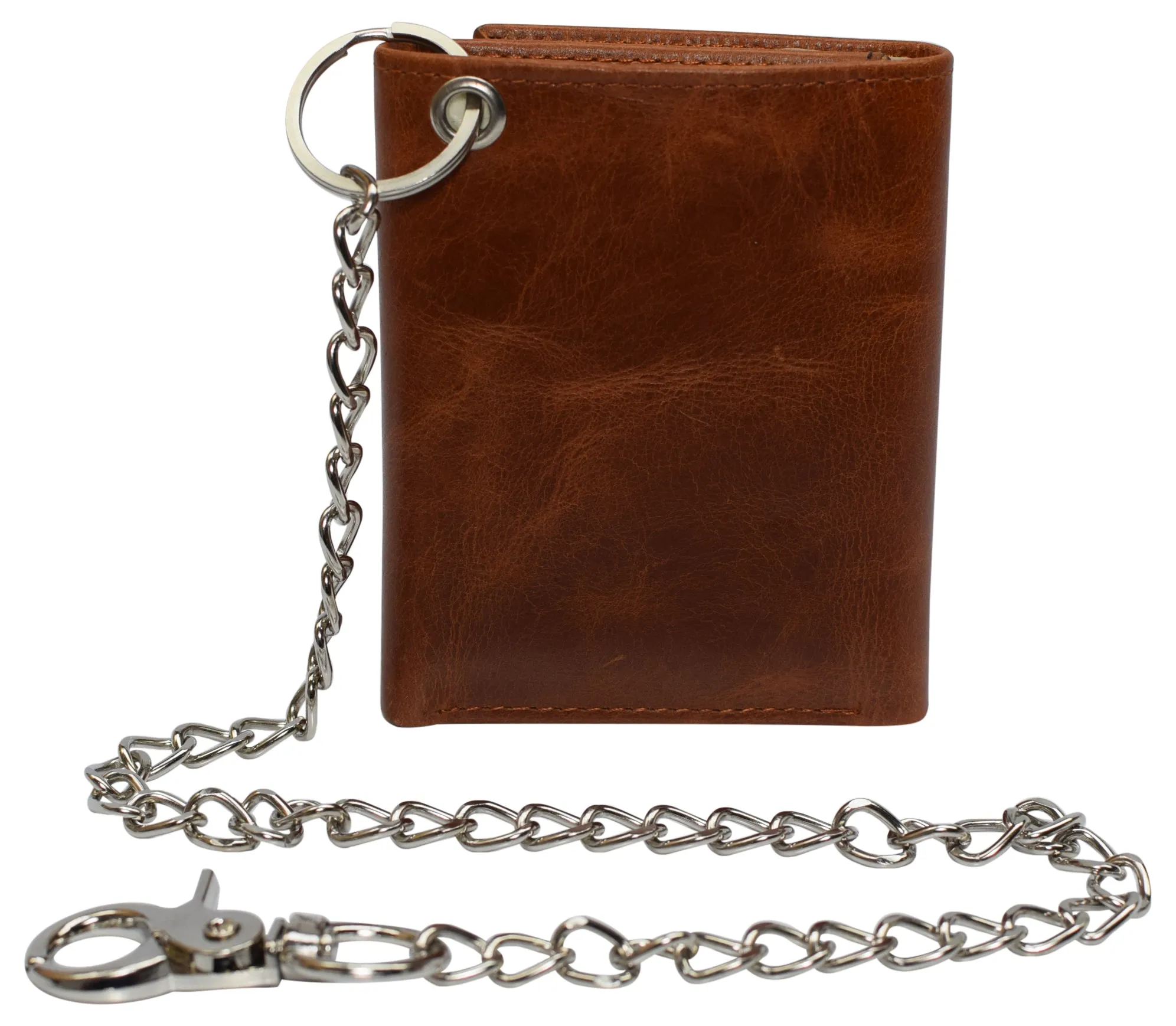 RFID946-51 RFID Blocking Men's Tri-fold Leather Biker Silver Chain Wallet With Snap Closure