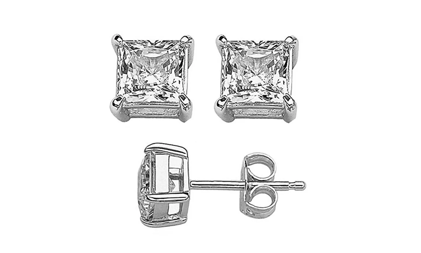 Rhodium Plated 5mm Square Cubic Zirconia Stud Earrings