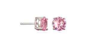 Rhodium Plated 8 Mm Round Pink CZ Stud Earrings Plated