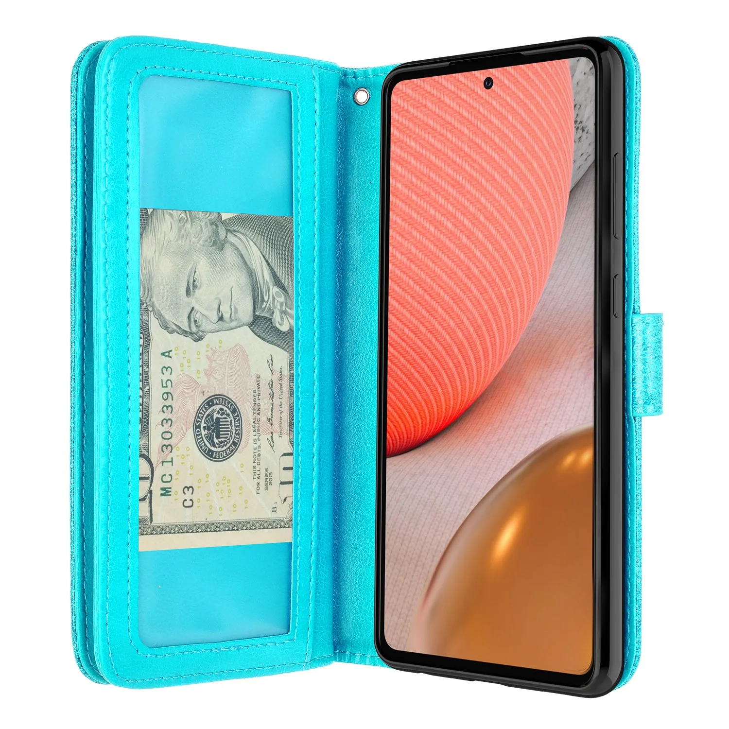 Samsung Galaxy A72 5G Case, Galaxy A72 5G Case, Glitter Faux Leather Flip Credit Card Holder Wrist Strap Shockproof Protective Wallet Case Clutch for Galaxy A72 5G - Teal