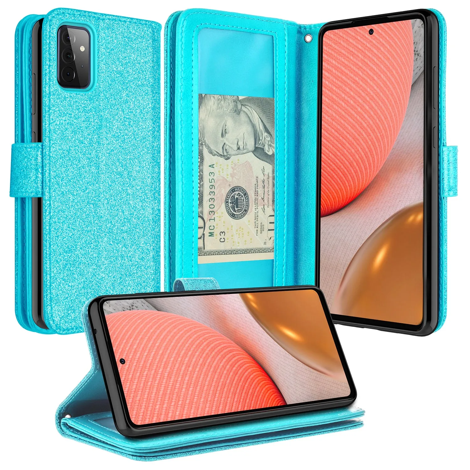 Samsung Galaxy A72 5G Case, Galaxy A72 5G Case, Glitter Faux Leather Flip Credit Card Holder Wrist Strap Shockproof Protective Wallet Case Clutch for Galaxy A72 5G - Teal