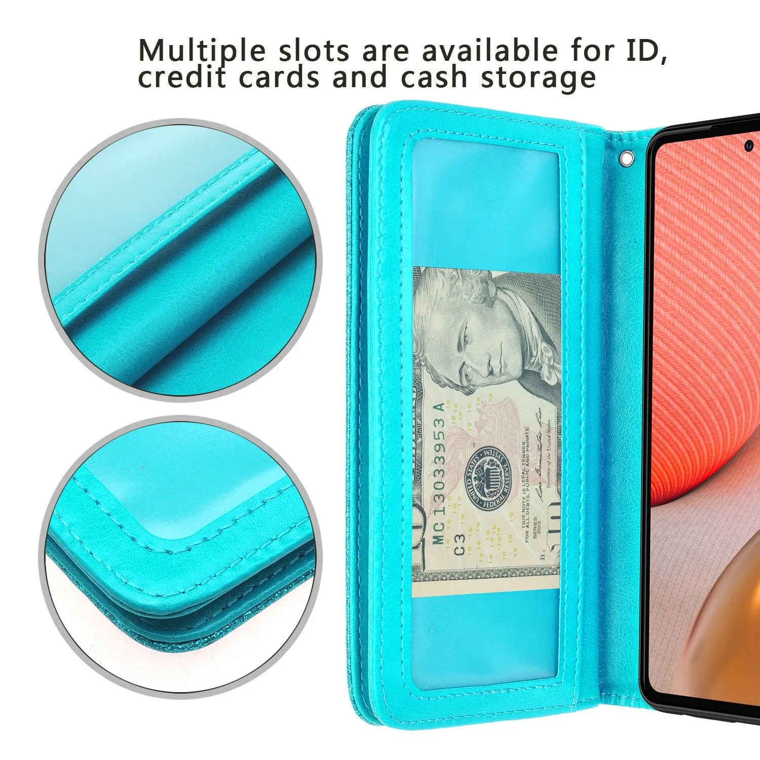 Samsung Galaxy A72 5G Case, Galaxy A72 5G Case, Glitter Faux Leather Flip Credit Card Holder Wrist Strap Shockproof Protective Wallet Case Clutch for Galaxy A72 5G - Teal