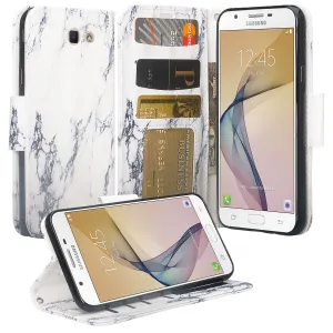 Samsung Galaxy J7 (2017) / J7 Sky Pro / J7 Perx / J7 V / J7 Prime / Galaxy Halo Case, Wrist Strap Pu Leather Magnetic Flip[Kickstand] Wallet Cover w/ Card Slots - Marble