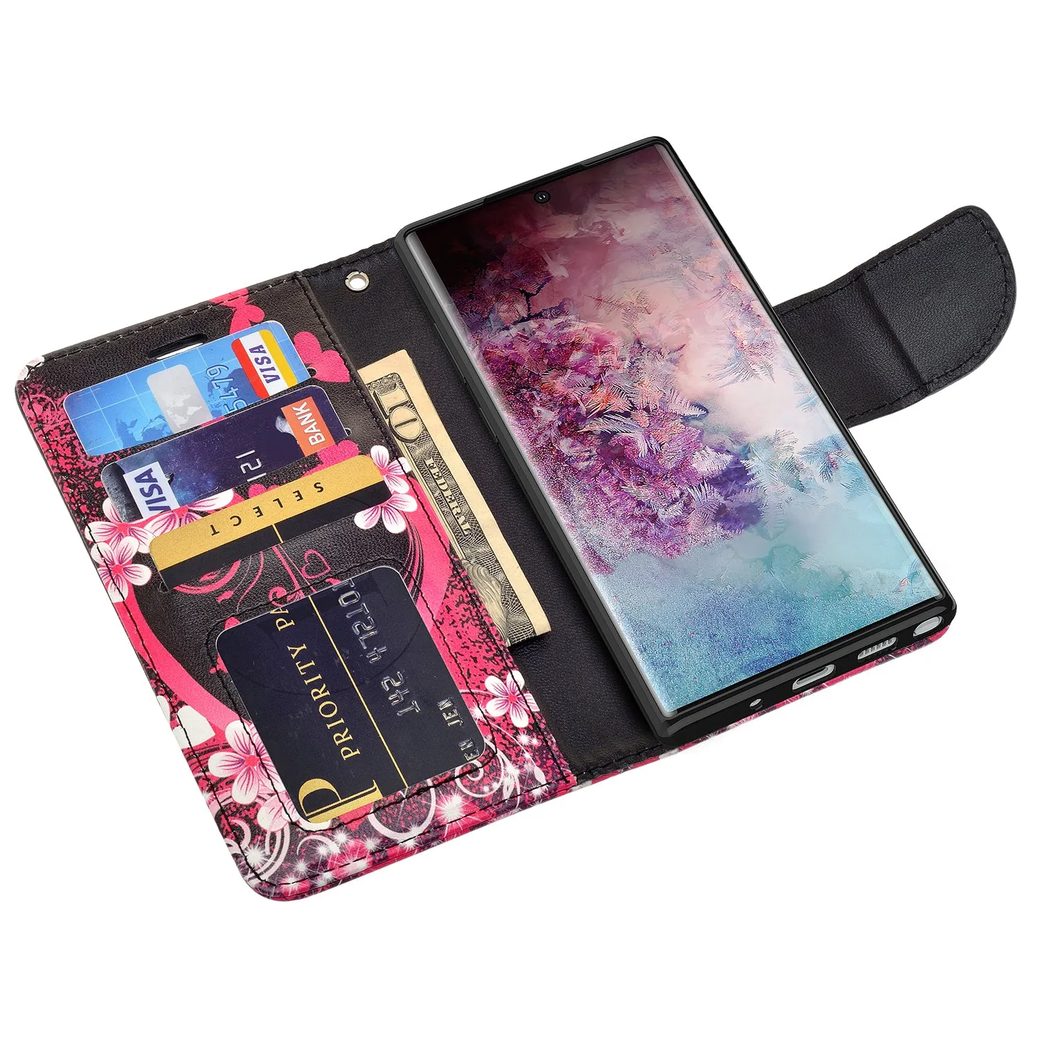 Samsung Galaxy Note 10  Case, Galaxy Note 10 Plus Wallet Case, Wrist Strap Pu Leather Wallet Case [Kickstand] with ID & Credit Card Slots - Heart Butterflies