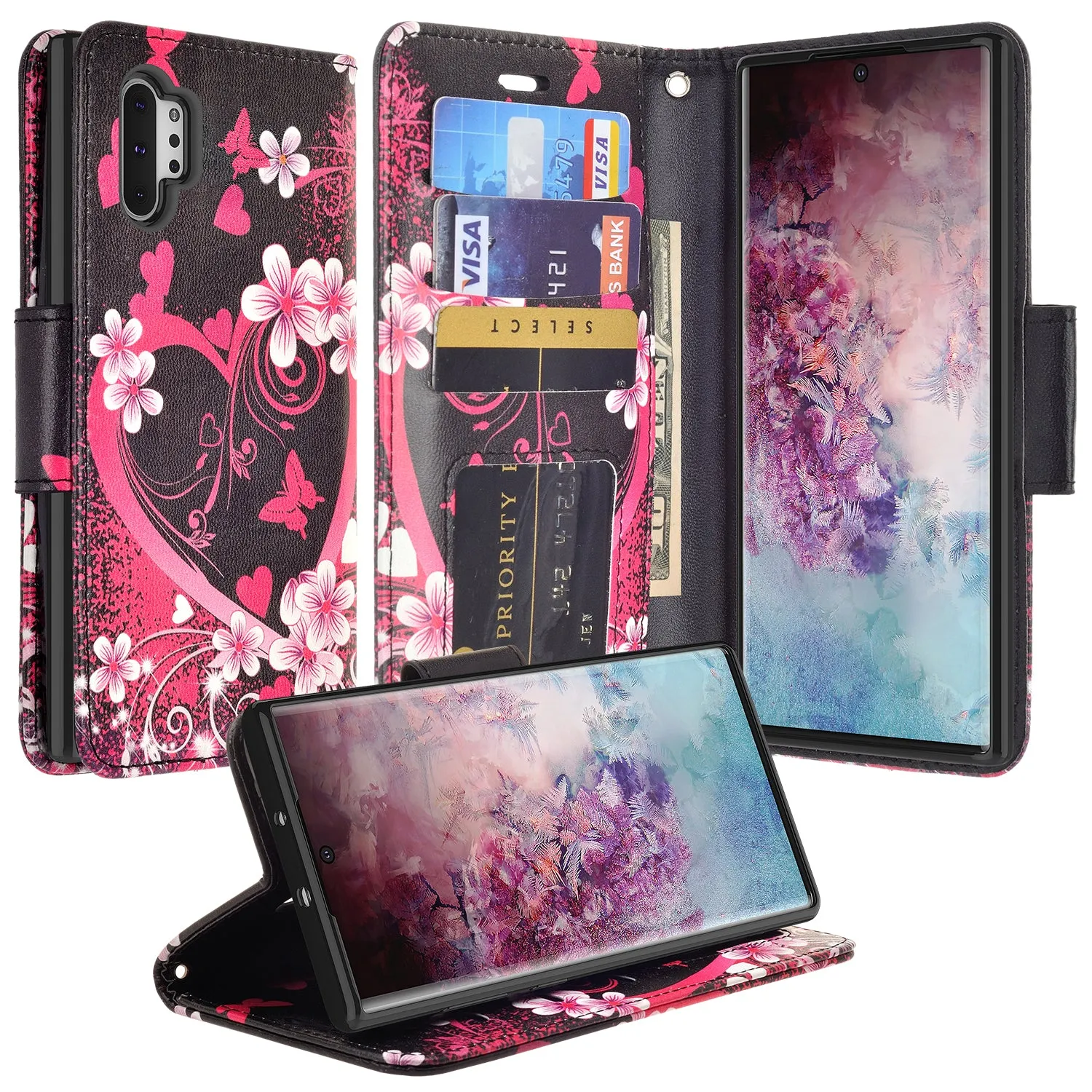 Samsung Galaxy Note 10  Case, Galaxy Note 10 Plus Wallet Case, Wrist Strap Pu Leather Wallet Case [Kickstand] with ID & Credit Card Slots - Heart Butterflies