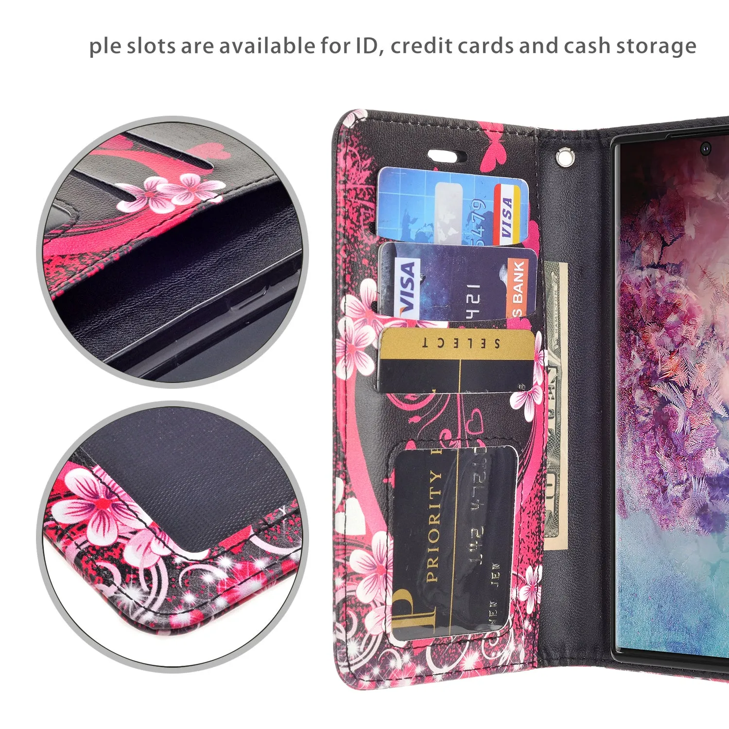 Samsung Galaxy Note 10  Case, Galaxy Note 10 Plus Wallet Case, Wrist Strap Pu Leather Wallet Case [Kickstand] with ID & Credit Card Slots - Heart Butterflies