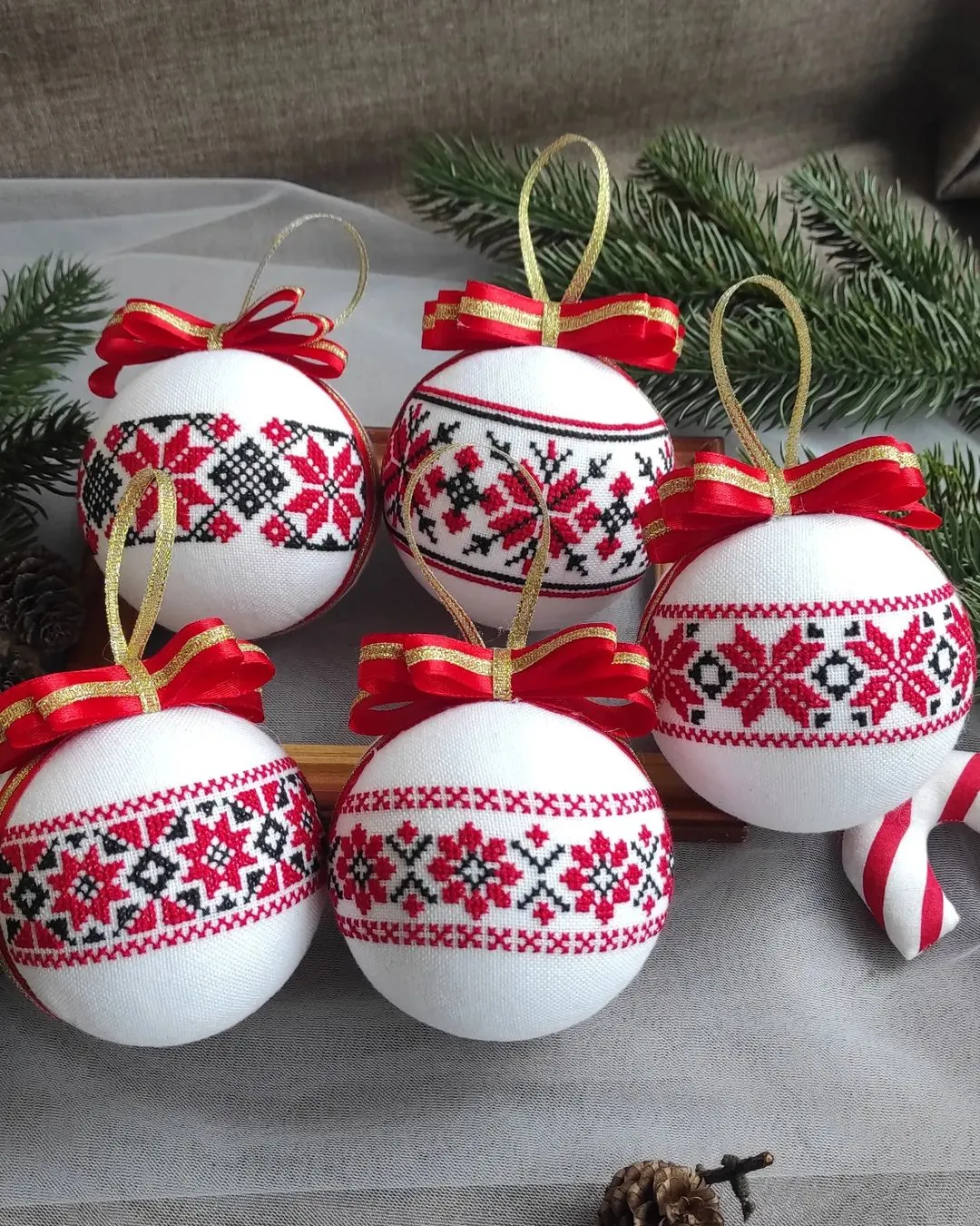 Set of Christmas ornaments in Ukrainian style. Handmade