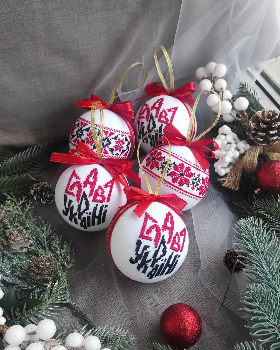 Set of Christmas ornaments in Ukrainian style. Handmade