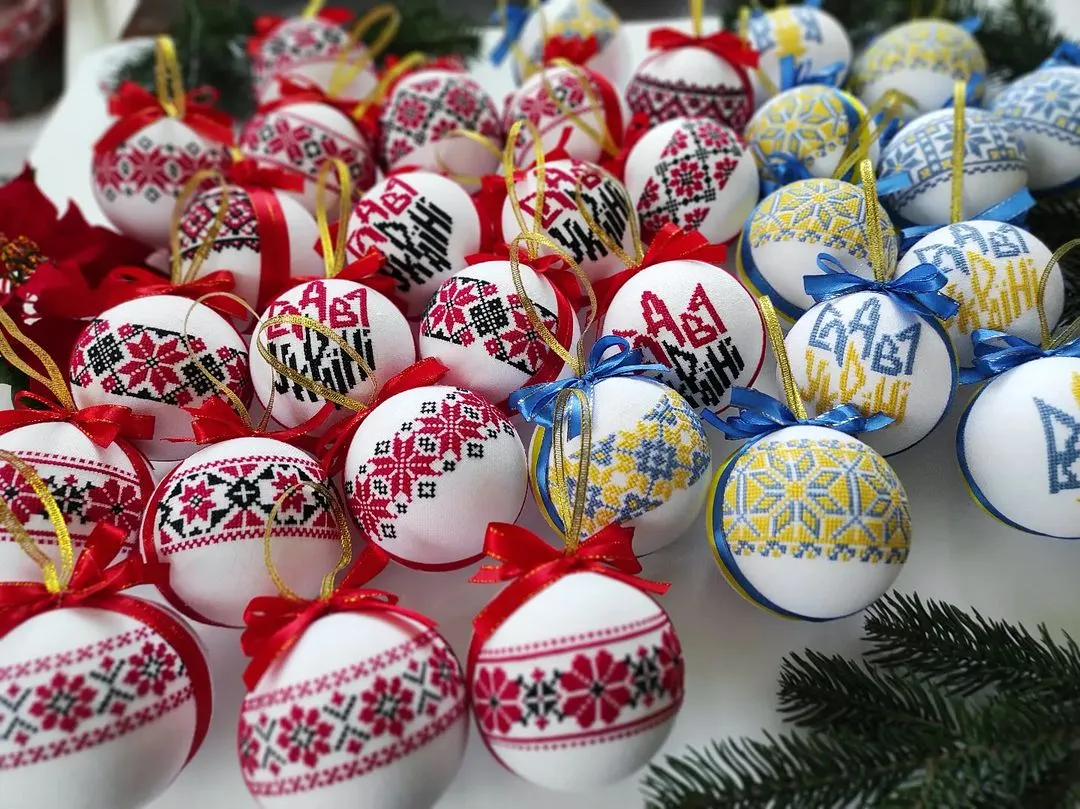 Set of Christmas ornaments in Ukrainian style. Handmade