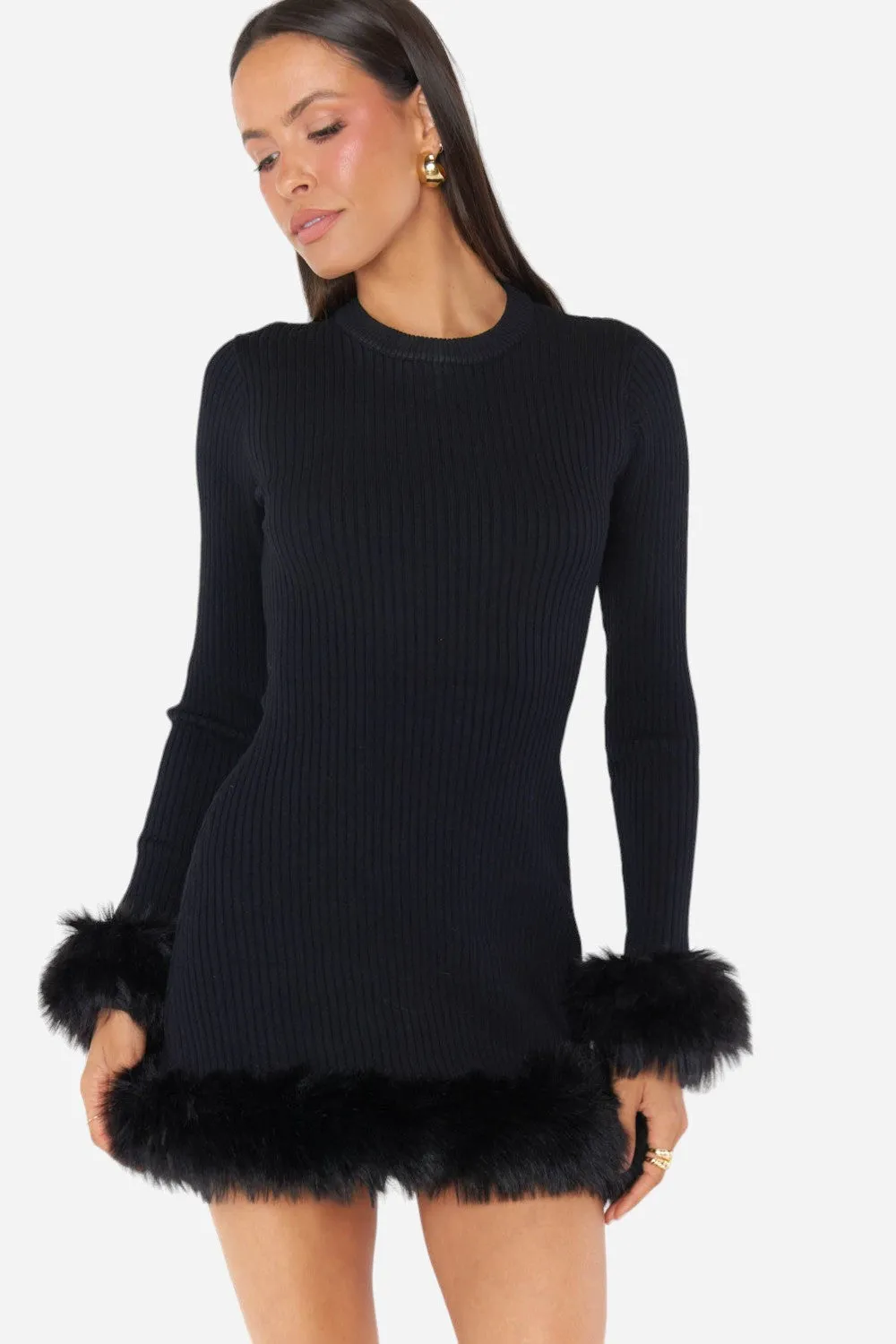 Show Me Your Mumu Fran Mini Dress in Black Knit with Faux Fur